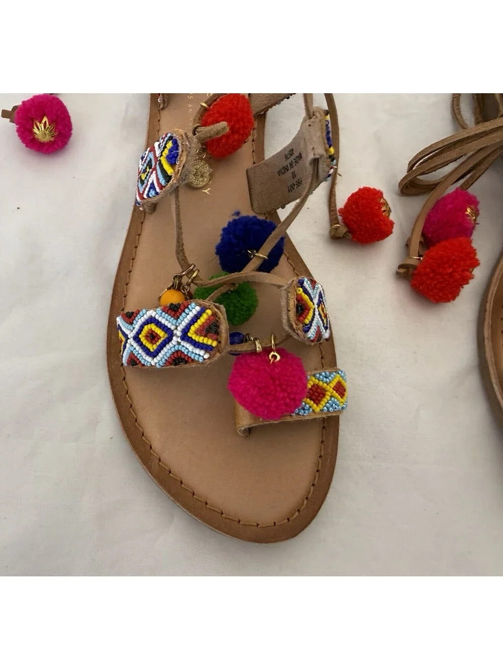 NEW Chinese Laundry Posh Boho Sandals Size 10 Beaded Pom Poms Coins Gladiator